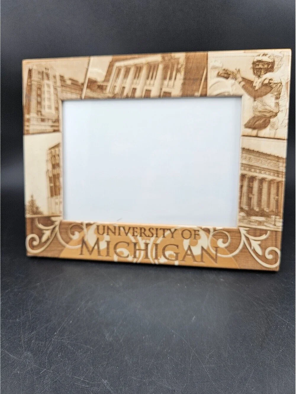 University of Michigan Wooden Photo Frame with Campus and Football Engraved 9x7